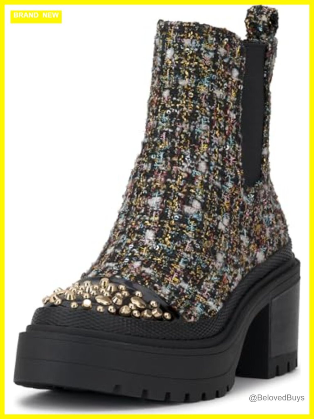 Platform Chelsea Ankle Boots Embellished Toe Tweed Faux Leather